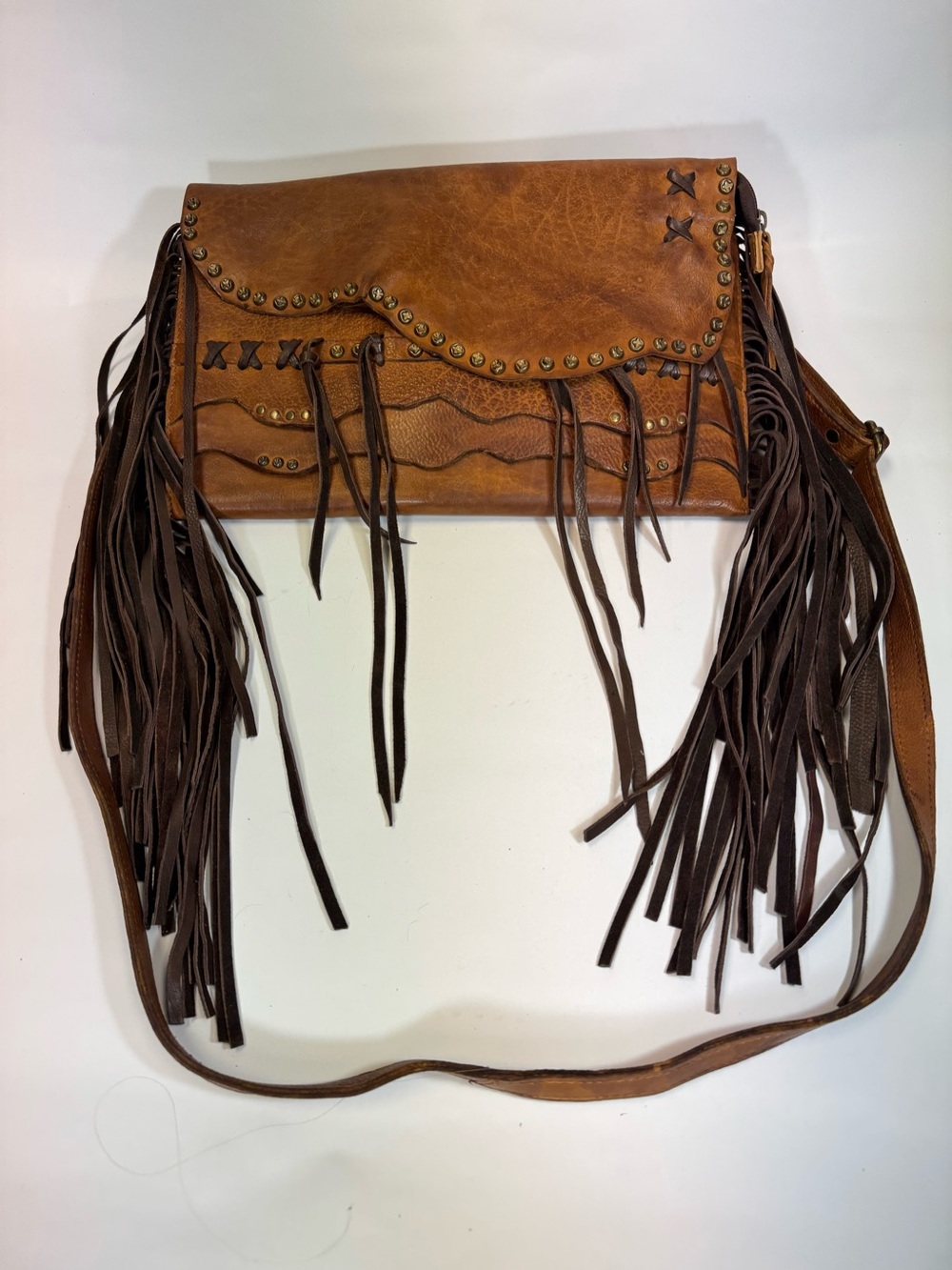 American Darling Tan Fringe Crossbody Bag with Stud Accents